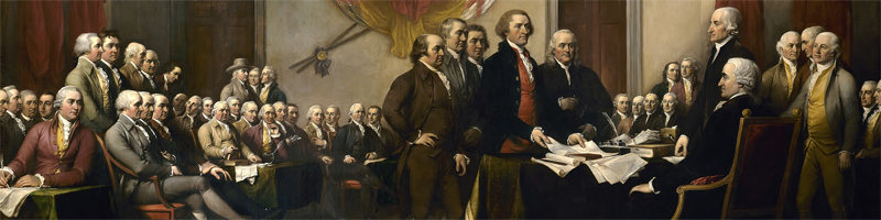 Peinture de John Trumbull, Déclaration d'indépendance, représentant le comité de rédaction de cinq hommes de la Déclaration d'indépendance présentant leur travail au Congrès.