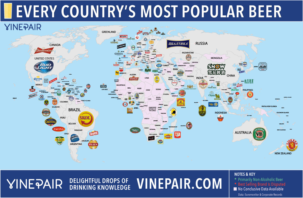 Carte VinePair des bières les plus populaires dans chaque pays