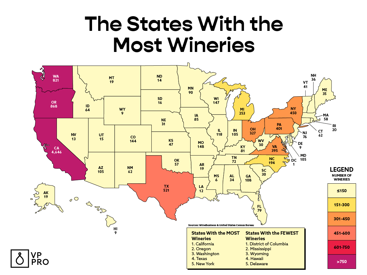 Les États avec le plus de vignobles en 2026 (MAP)