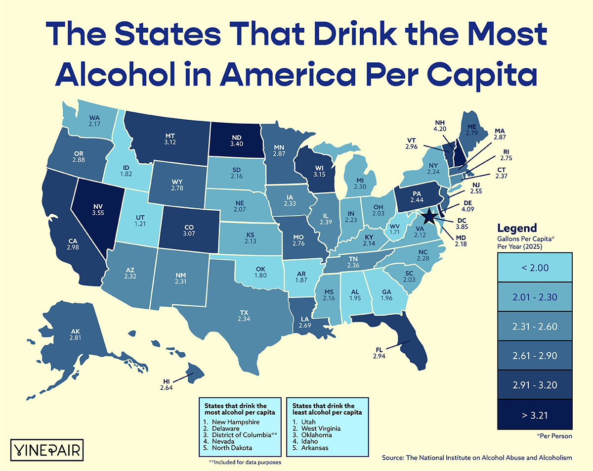 Les États qui boivent le plus d’alcool en Amérique (MAP) (2025)