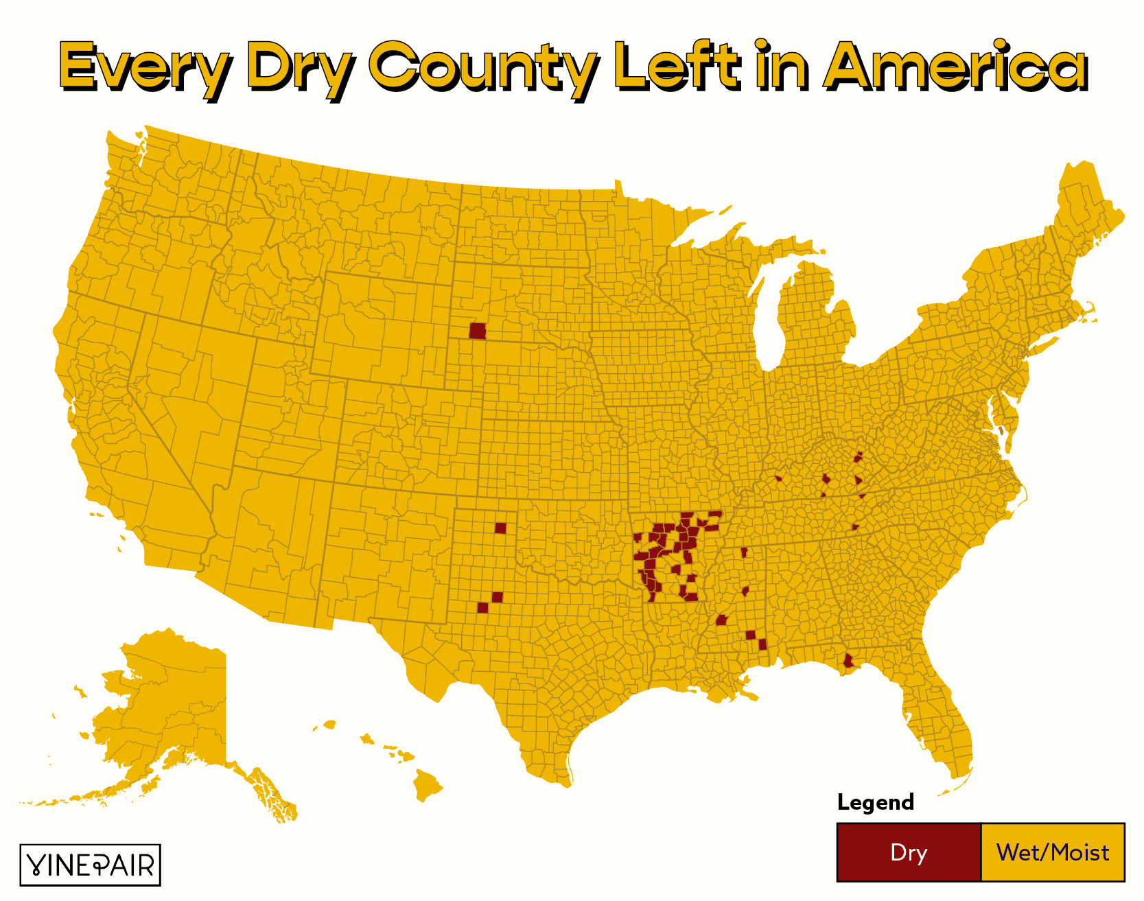 Nous avons cartographié les comtés secs qui restent aux États-Unis et expliqué l'histoire qui explique pourquoi tant d'Américains ne peuvent pas acheter d'alcool.