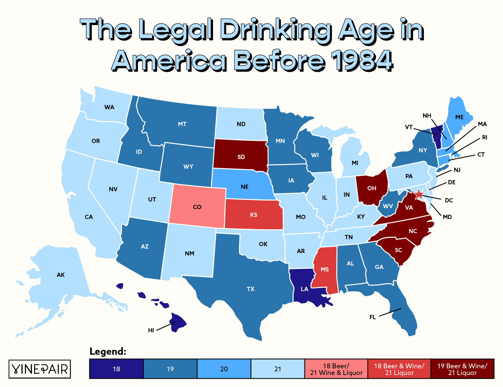 Nous avons cartographié les âges légaux pour consommer de l'alcool, État par État, en 1984, juste avant que le gouvernement américain n'adopte une loi fixant 21 ans comme minimum fédéral.